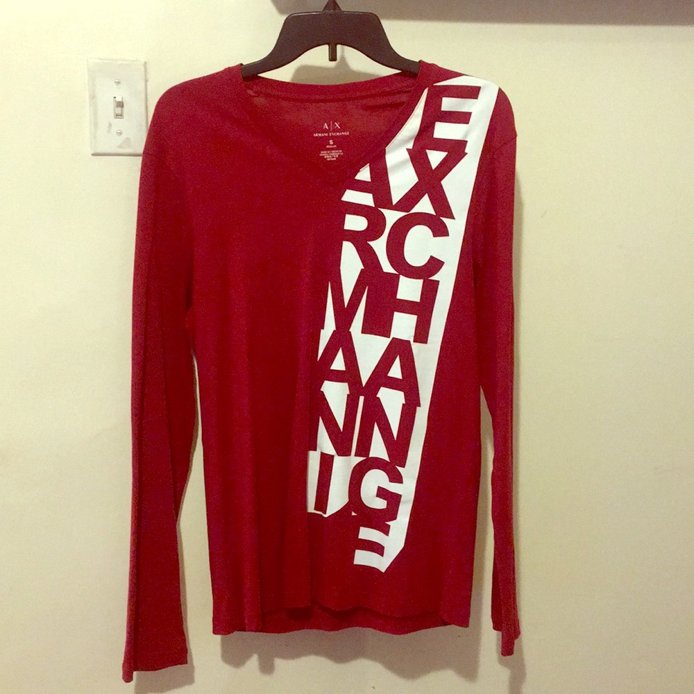 Armani Exchange red and white long sleeve shirt